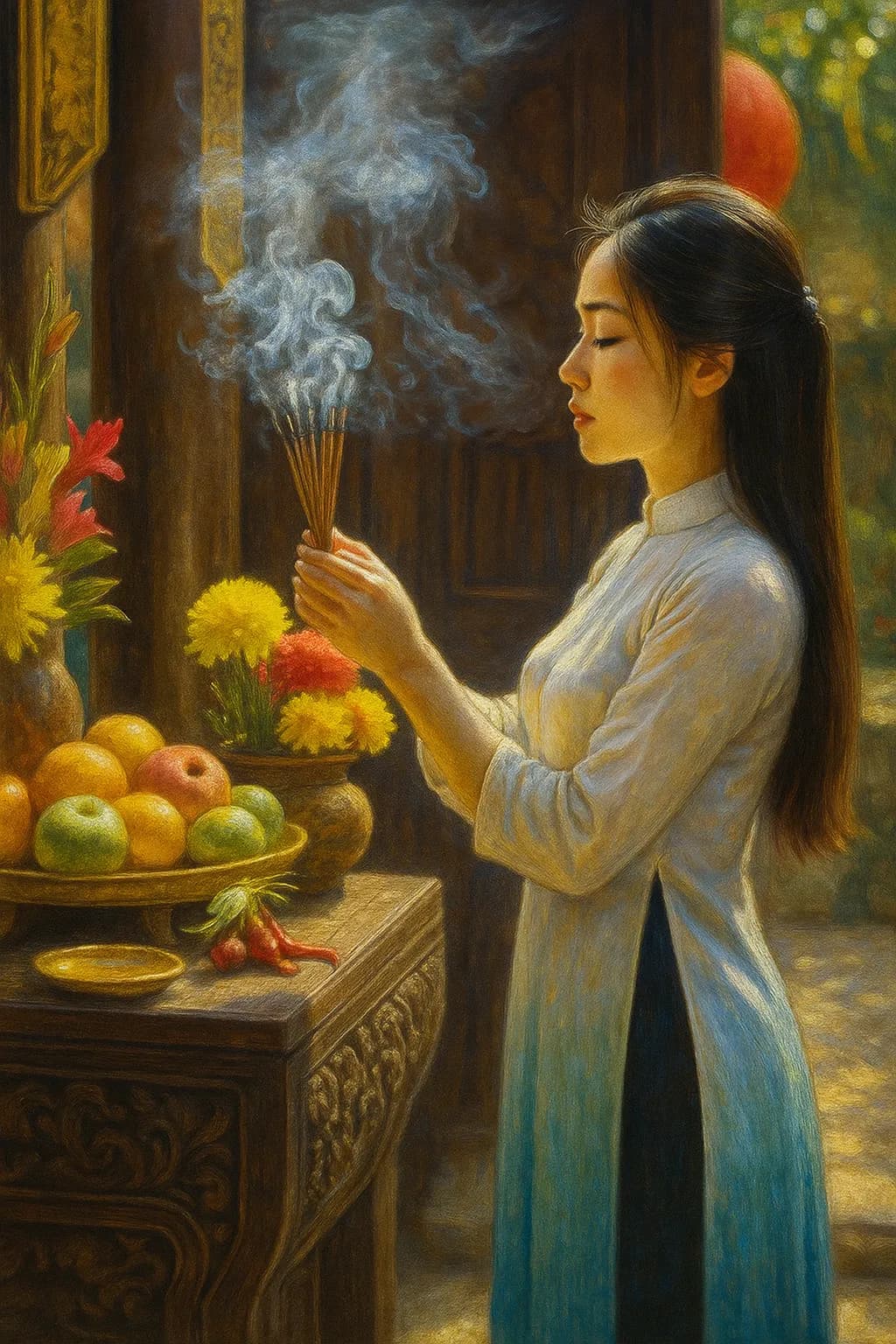 Người phụ nữ mặc áo dài thắp hương thành kính bên mâm cúng Rằm tháng 9, thể hiện sự bình yên và kết nối tâm linh.