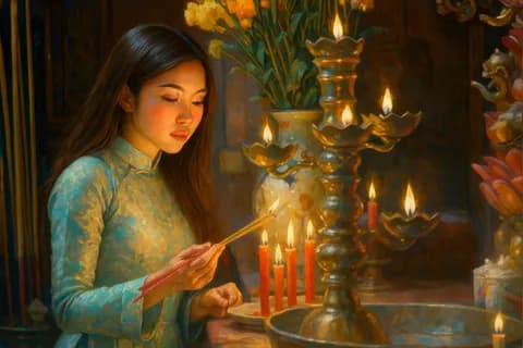 Người phụ nữ mặc áo dài thắp nến trên ban thờ, chuẩn bị không gian linh thiêng cho ngày Rằm tháng 9.