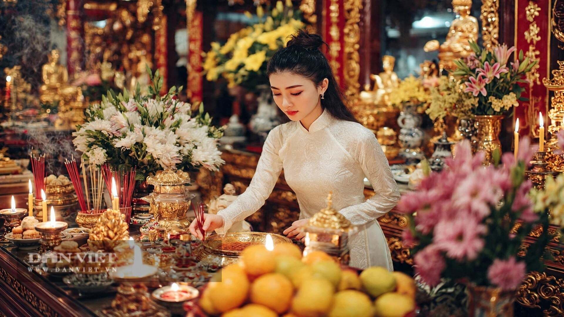 Người phụ nữ mặc áo dài trắng đang cẩn thận sắp xếp lễ vật trên bàn thờ, thể hiện sự tỉ mỉ và thành tâm trong nghi lễ Rằm tháng 6 để hồi chiếu bản thân.