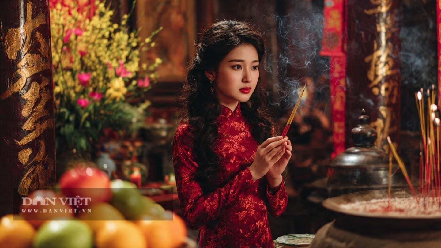 Người phụ nữ mặc áo dài đỏ truyền thống đang thắp hương, thể hiện sự gìn giữ nghi lễ hóa vàng trong đời sống hiện đại.