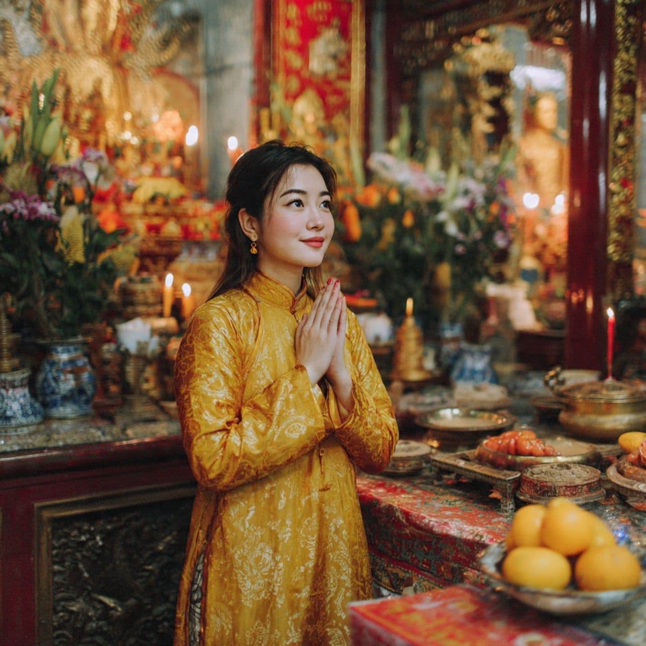 Người phụ nữ mặc áo dài truyền thống chắp tay cầu nguyện trước bàn thờ gia tiên, thể hiện lòng thành kính trong nghi lễ Tất Niên.