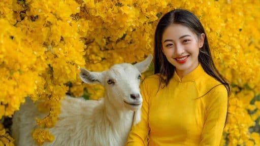Người phụ nữ mặc áo dài vàng bên cạnh con dê, tượng trưng cho tử vi con giáp và sự tìm kiếm cơ hội.