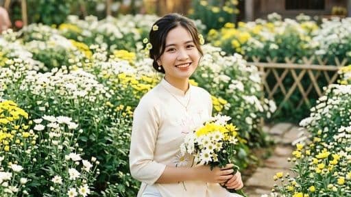 Người phụ nữ mỉm cười giữa cánh đồng hoa, tượng trưng cho việc vun đắp may mắn và gặt hái thành quả từ lựa chọn cá nhân.