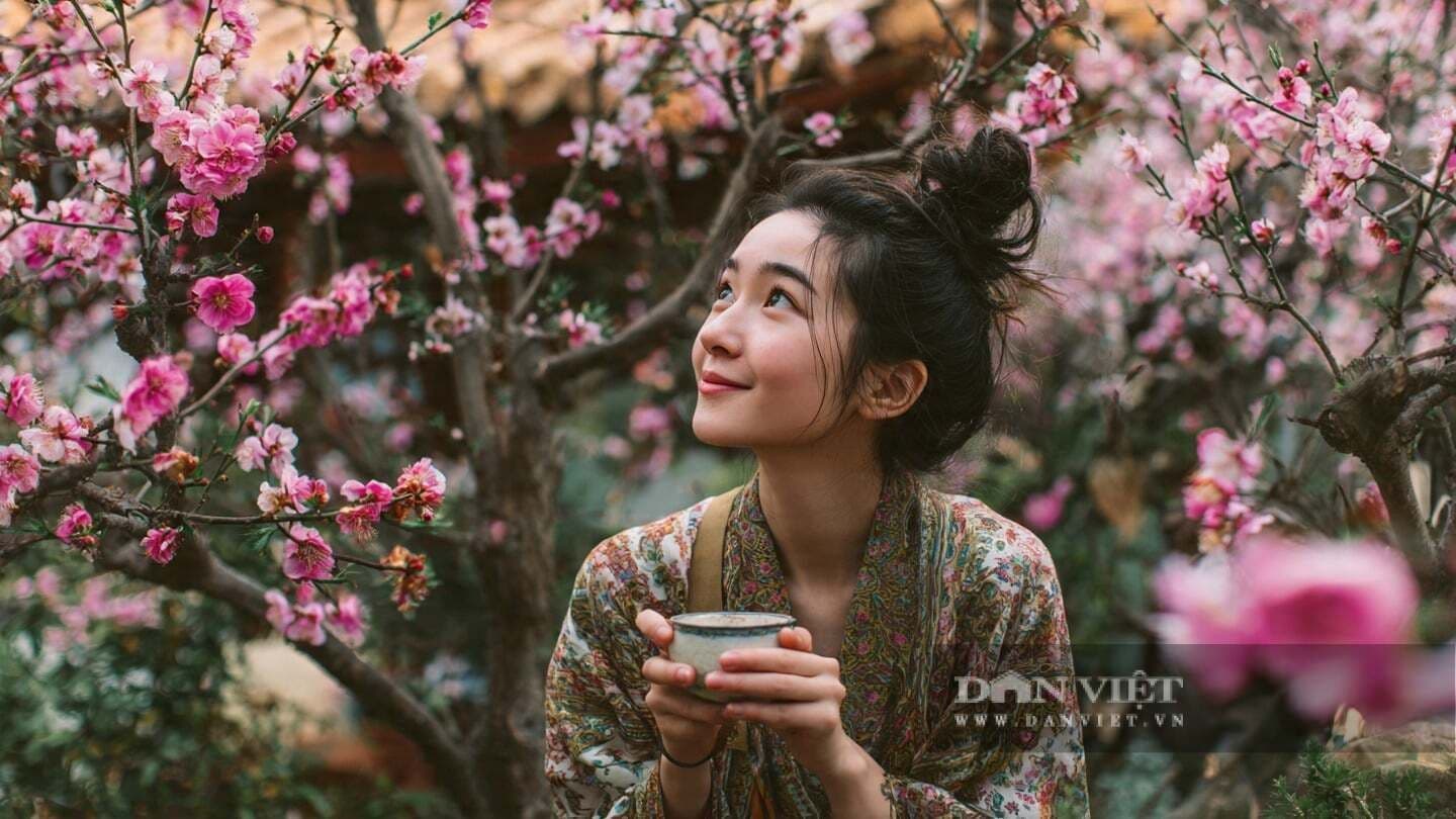 Người phụ nữ mỉm cười, nhìn lên giữa vườn hoa đào hồng, tay cầm tách trà, thể hiện sự lạc quan và niềm tin vào vận may.