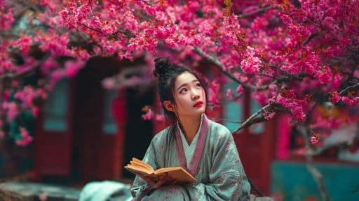 Người phụ nữ ngồi đọc sách dưới tán hoa anh đào, tượng trưng cho sự tự quán chiếu, tìm kiếm bình an nội tại và kiến tạo ý định thiện lành.