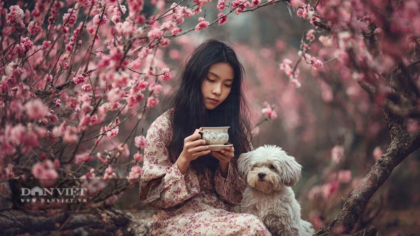 Người phụ nữ ngồi cùng chú chó nhỏ giữa vườn hoa đào, tay cầm tách trà, thể hiện sự bình yên và sức mạnh của niềm tin nội tâm.