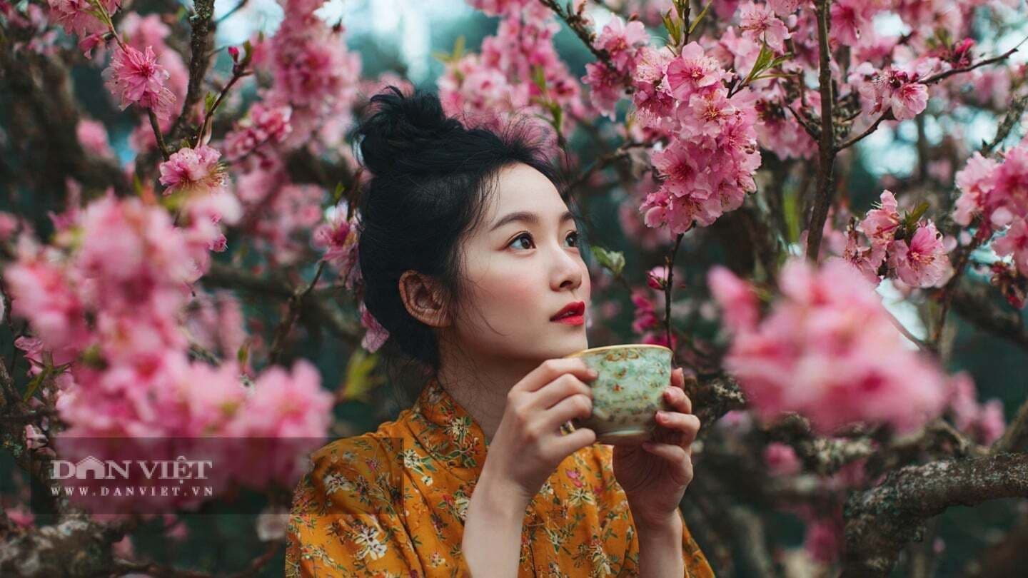 Người phụ nữ nhìn lên trời giữa vườn hoa đào, tay cầm tách trà, thể hiện sự tìm kiếm hy vọng và ý nghĩa từ con giáp.