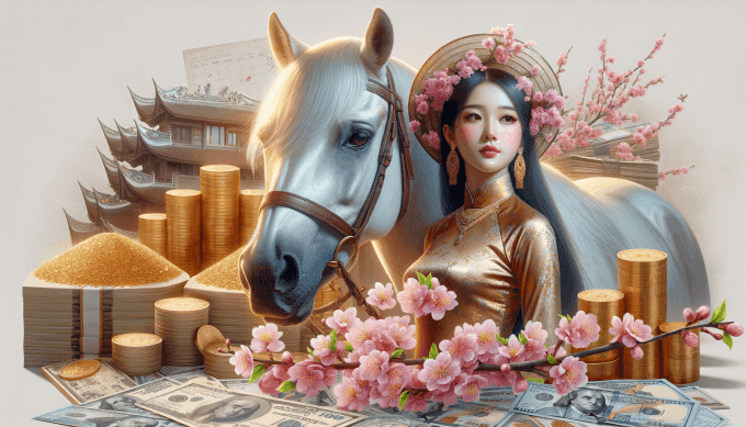 Người phụ nữ áo dài bên ngựa trắng và tiền vàng, biểu tượng cho vận may tài lộc tháng 8