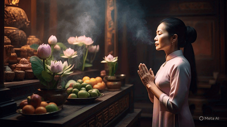 Người phụ nữ thành tâm cầu nguyện trong không gian thanh tịnh, thể hiện sự an yên từ chính tấm lòng