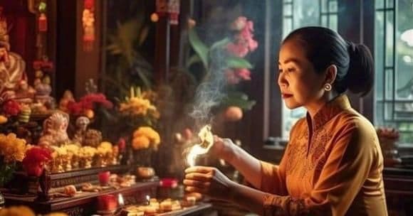 Người phụ nữ thắp hương tại bàn thờ, thể hiện lòng thành kính trong nghi lễ mùng Một tháng Bảy âm lịch.