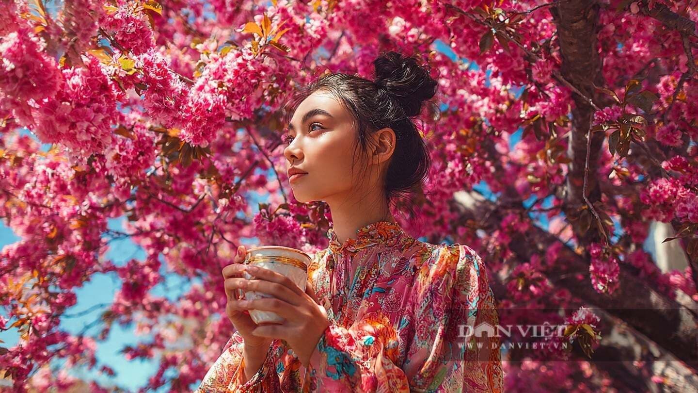 Người phụ nữ trầm tư giữa vườn hoa đào, tay cầm tách trà, suy ngẫm về nguồn gốc thực sự của may mắn.