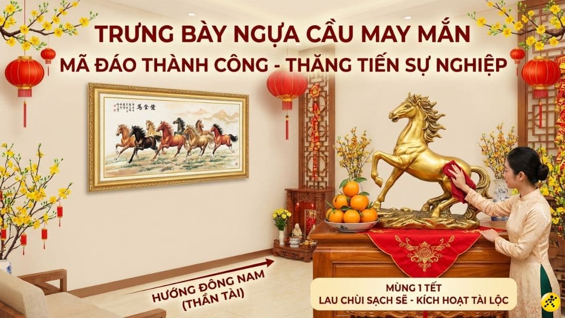 Người phụ nữ trưng bày ngựa tài lộc và dọn dẹp nhà cửa, thể hiện mong muốn thu hút năng lượng tích cực và may mắn đầu năm.