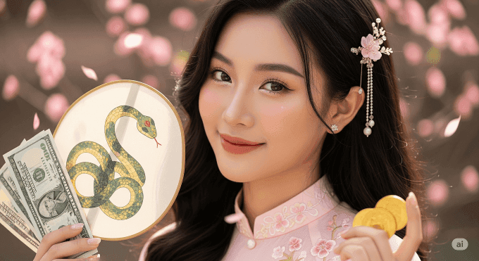 Người phụ nữ trong áo dài cầm tiền và quạt có biểu tượng rắn, tượng trưng cho vận khí và tài lộc ngày 19/8/2025.