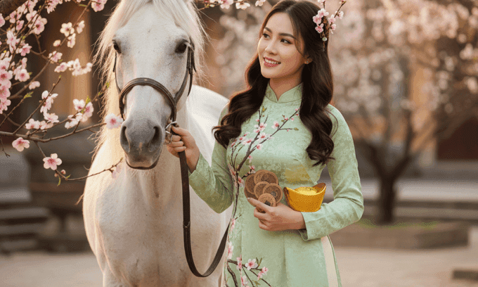 Người phụ nữ trong trang phục truyền thống bên cạnh ngựa trắng, tượng trưng cho việc khai phá giá trị từ tử vi để phát triển bản thân.