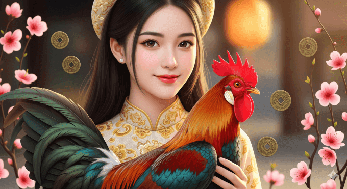 Người phụ nữ Việt ôm gà trống, biểu tượng của sự may mắn và lễ hội theo âm lịch.