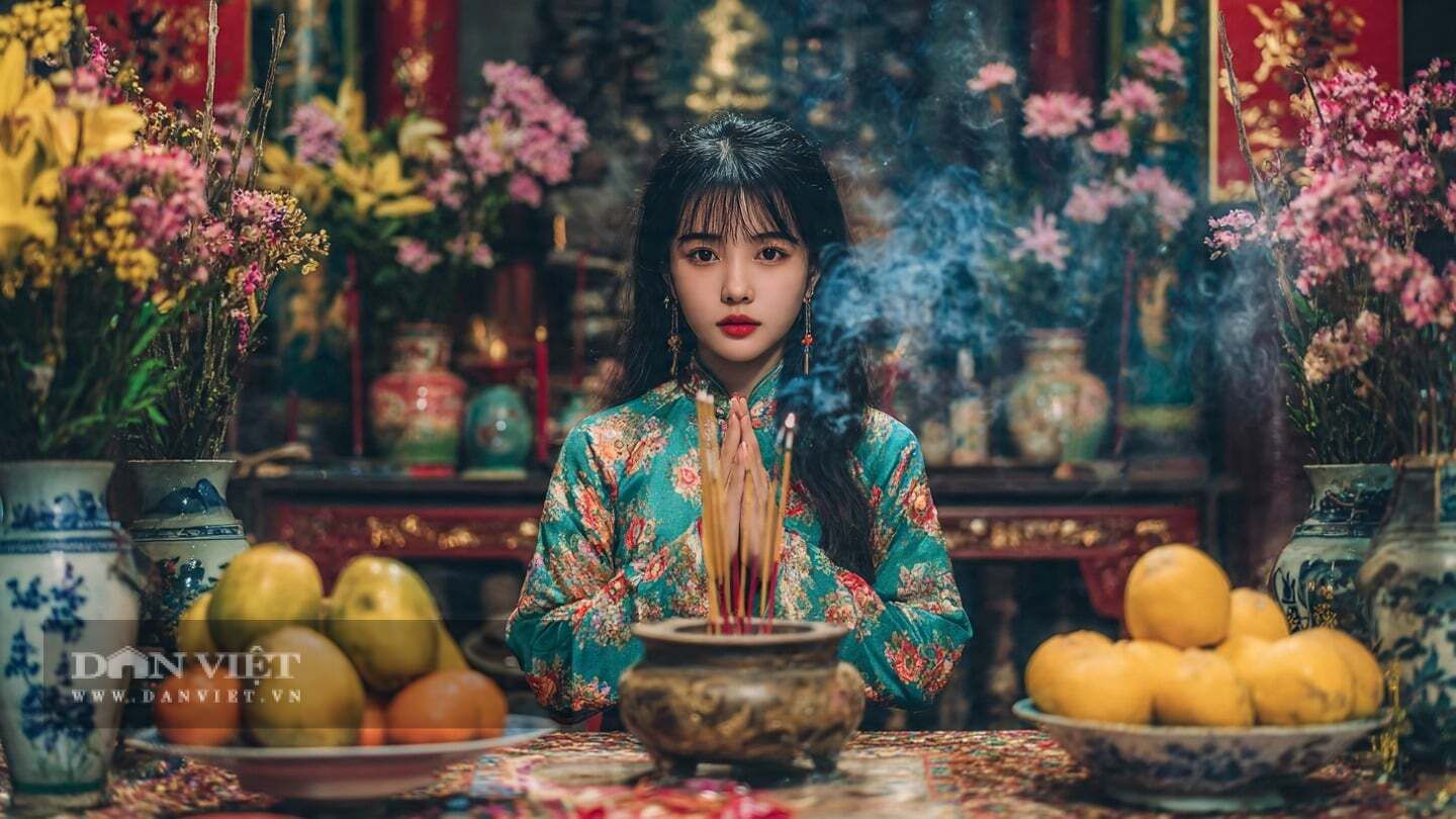 Người phụ nữ Việt mặc áo dài xanh ngọc, chắp tay thành tâm khấn nguyện trước bàn thờ gia tiên trong đêm Rằm tháng Tám.