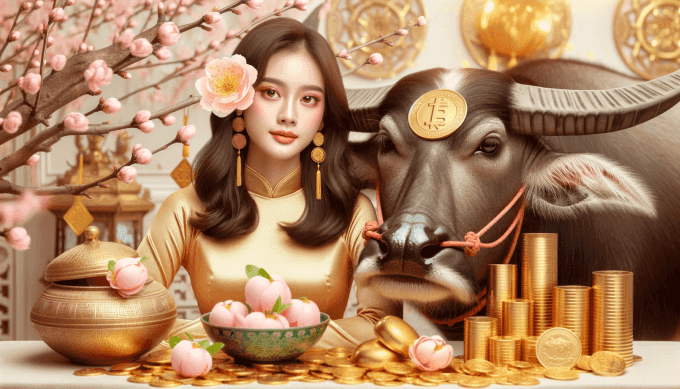 Người phụ nữ Việt Nam bên cạnh trâu vàng và tiền xu, biểu tượng của may mắn và tài lộc.