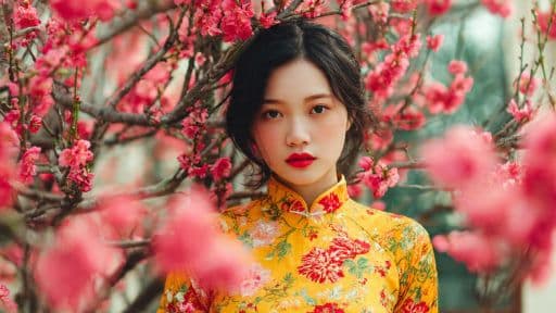 Người phụ nữ Việt Nam duyên dáng trong tà áo dài vàng truyền thống giữa sắc hoa, thể hiện nét đẹp văn hóa và sự nuôi dưỡng tâm hồn.