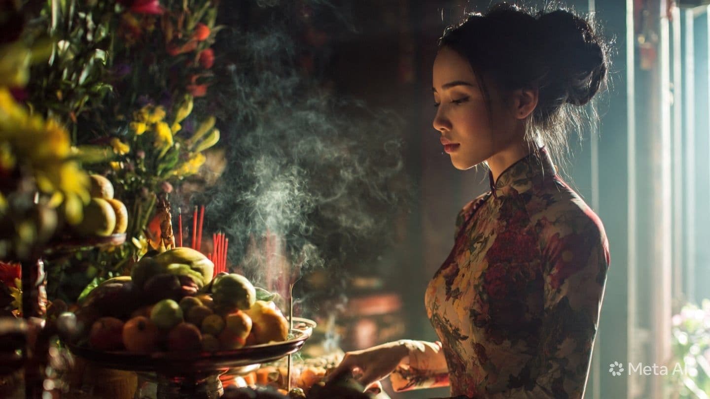 Người phụ nữ Việt Nam mặc áo dài hoa đang cẩn thận sắp xếp mâm cúng, tượng trưng cho việc gieo duyên lành và hồi hướng phúc báu.
