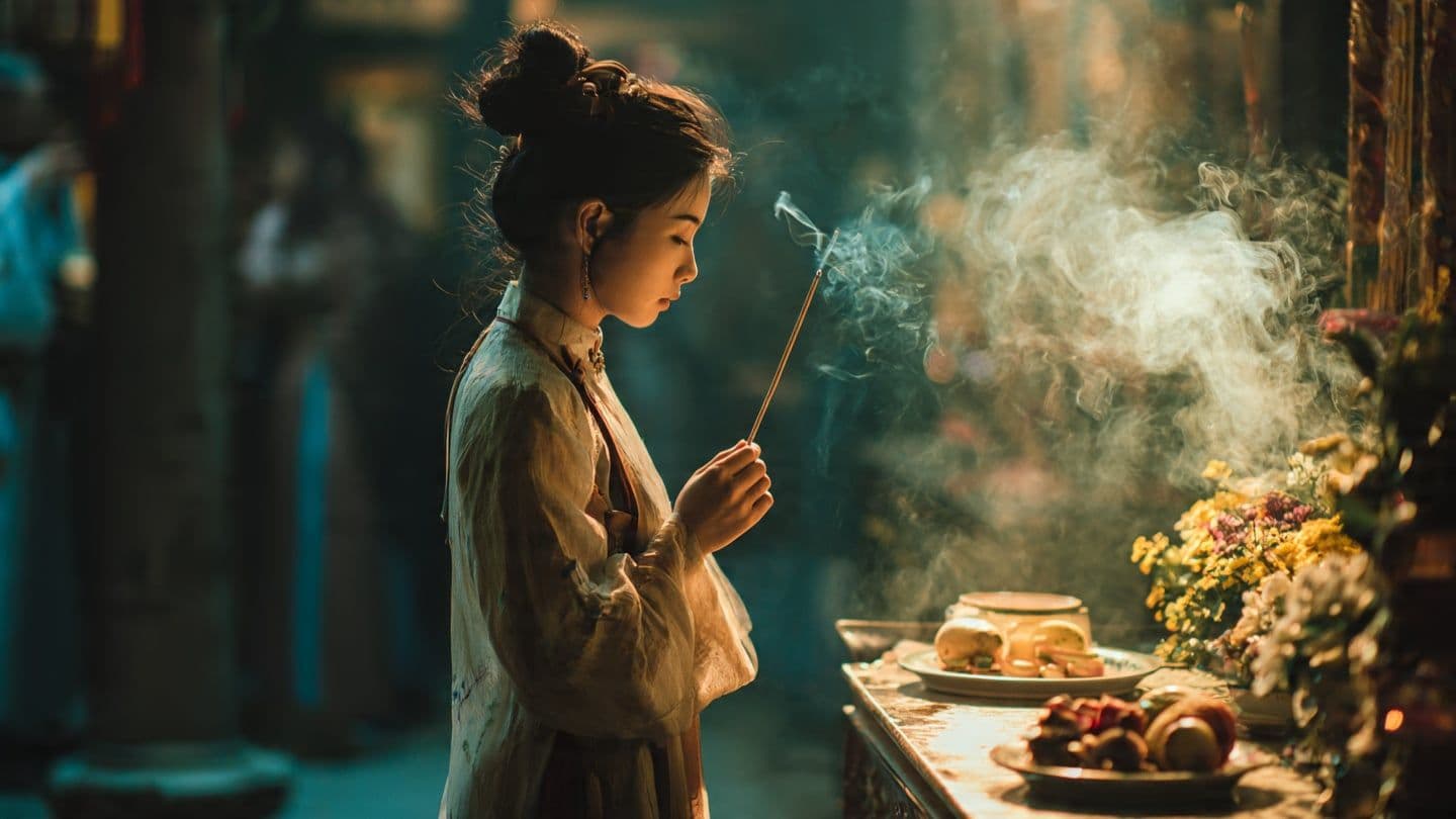 Người phụ nữ Việt Nam mặc áo dài màu kem, tay cầm nén hương, ánh mắt trầm tư hướng về phía bàn thờ, biểu trưng cho lòng tri ân và sự tự vấn trong văn khấn mùng Một.