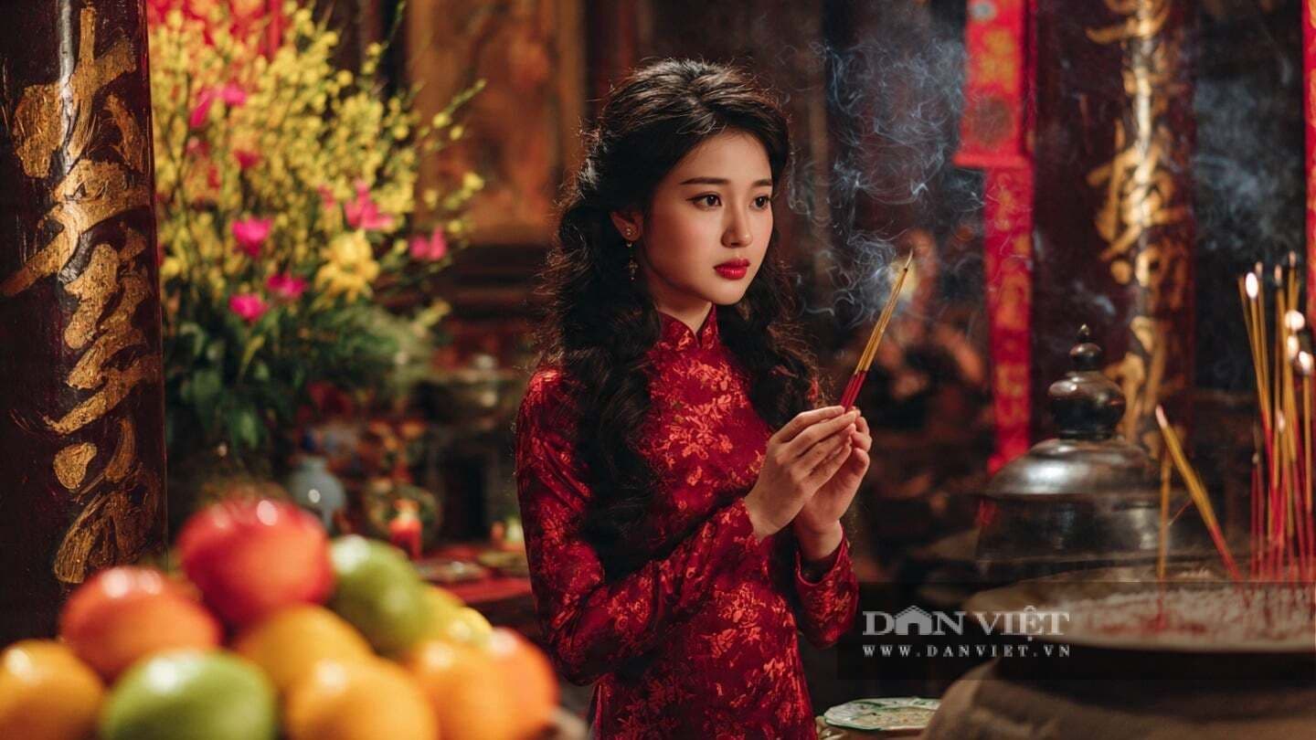 Người phụ nữ Việt Nam mặc áo dài đỏ thắp hương thành kính trước bàn thờ tổ tiên trong ngày Tết Hàn thực.