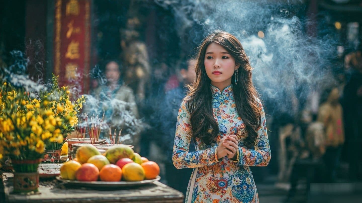 Người phụ nữ Việt Nam mặc áo dài truyền thống, chắp tay khấn nguyện trước bàn thờ với hương khói và mâm quả, thể hiện sự thành kính trong nghi lễ mùng Một.
