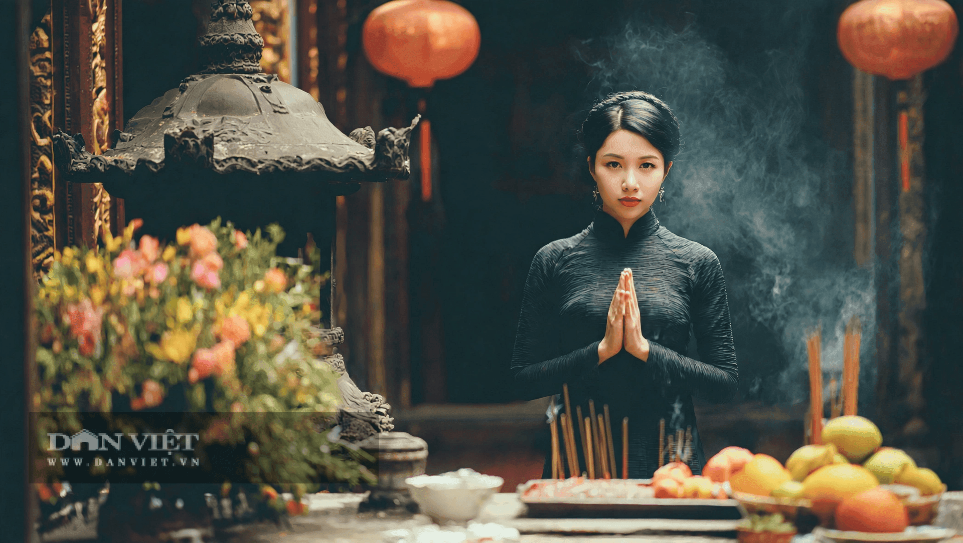 Người phụ nữ Việt Nam mặc áo dài truyền thống thành kính dâng hương cầu nguyện cho tháng 6 Âm lịch.