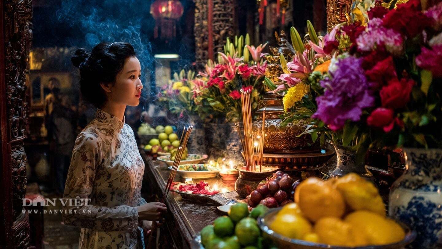 Người phụ nữ Việt Nam mặc áo dài truyền thống thắp hương tại bàn thờ, thể hiện nghi thức tâm linh và sự thành kính trong ngày Lập Xuân, gieo mầm ý định tốt lành.