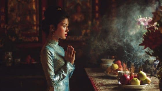 Người phụ nữ Việt Nam mặc áo dài xanh đang cầu nguyện với nén hương, thể hiện niềm tin vào tâm linh và vận mệnh.