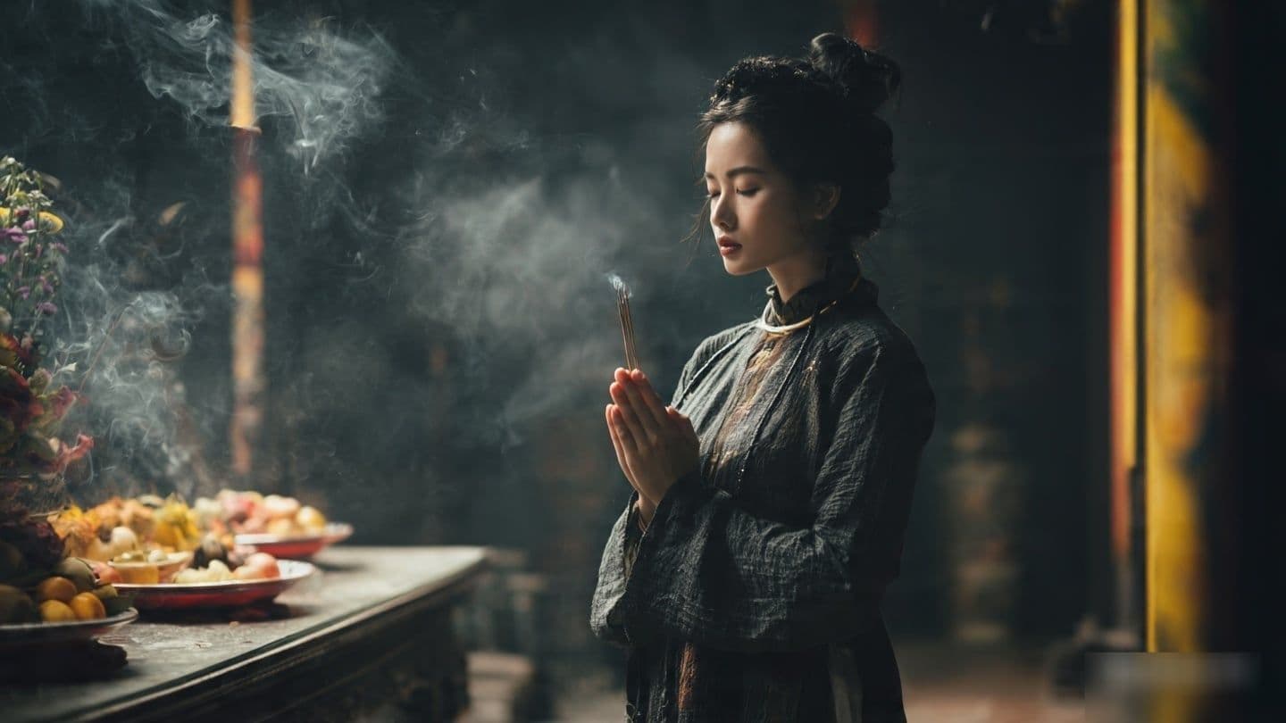 Người phụ nữ Việt Nam thành kính chắp tay khấn nguyện với đôi mắt nhắm nghiền, tượng trưng cho sức mạnh của ý niệm và lòng thành trong văn khấn.