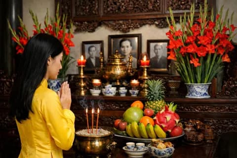 Người phụ nữ Việt Nam thành kính cầu nguyện trước bàn thờ gia tiên trong ngày rằm.