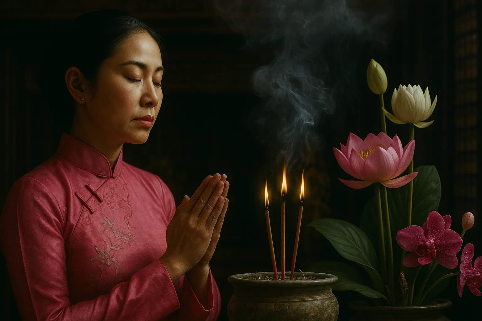 Người phụ nữ Việt Nam thành tâm cầu nguyện với hương khói và hoa sen, thể hiện điệu hát tâm linh ngày mùng 1.