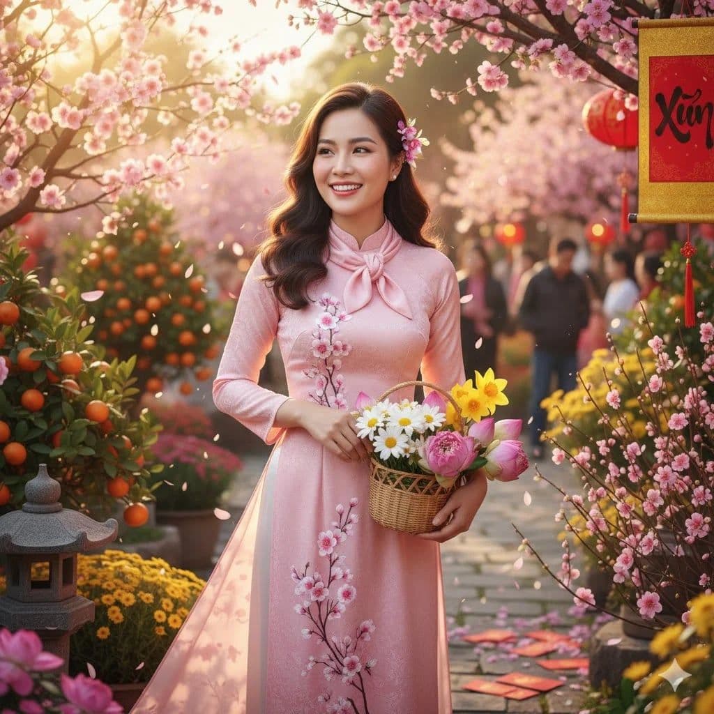 Người phụ nữ Việt Nam trong áo dài hồng giữa vườn hoa đào, tượng trưng cho sự khai trương may mắn và thịnh vượng.
