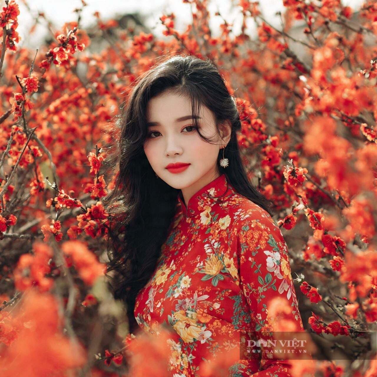 Người phụ nữ Việt Nam trong áo dài đỏ, tượng trưng cho sự thịnh vượng và may mắn được kiến tạo.