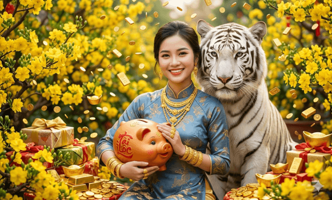 Người phụ nữ Việt Nam trong trang phục truyền thống bên cạnh hổ trắng và hoa mai vàng, tượng trưng cho tử vi, may mắn và thịnh vượng.