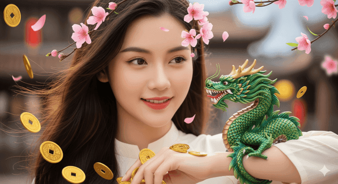 Người phụ nữ Việt với biểu tượng rồng và tiền xu, thể hiện sự may mắn và thịnh vượng trong các quyết định quan trọng.