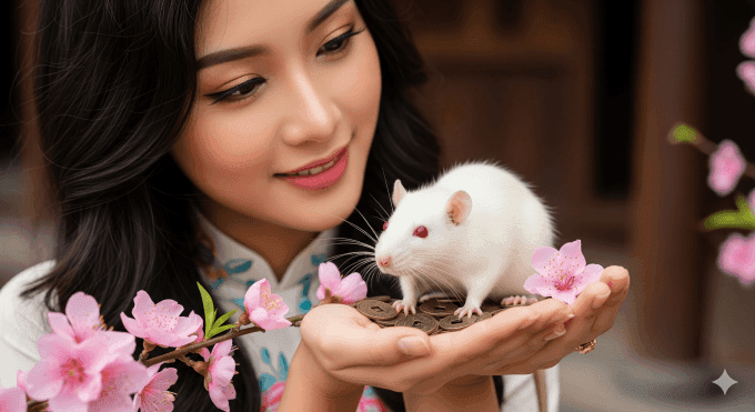 Người phụ nữ Việt với chuột và tiền xu, tượng trưng cho tuổi Tý và vận may tài lộc theo âm lịch.