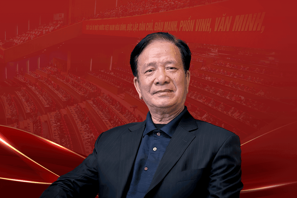 Nguyên Bộ trưởng Võ Hồng Phúc với phông nền là hội trường Đảng và dòng chữ về mục tiêu xây dựng Việt Nam, thể hiện kỳ vọng vào sứ mệnh giáo dục và kết nối thế hệ của bảo tàng.