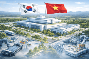 Nhà máy công nghệ hiện đại với cờ Hàn Quốc và Việt Nam, biểu tượng hợp tác đầu tư bán dẫn.