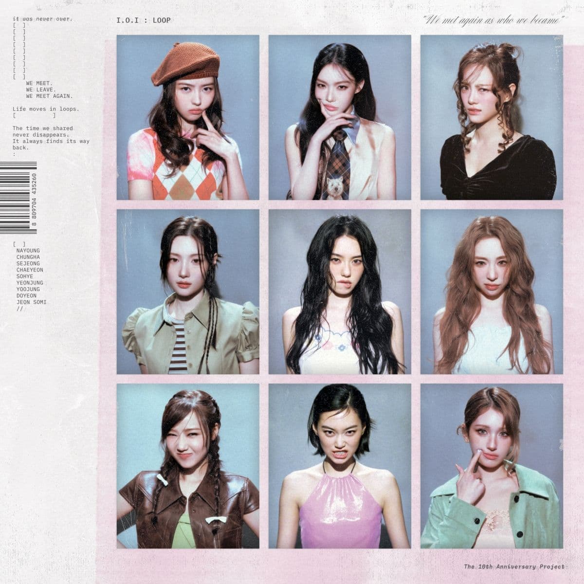 Ảnh quảng bá album I.O.I: Loop kỷ niệm 10 năm với 9 thành viên trong trang phục retro