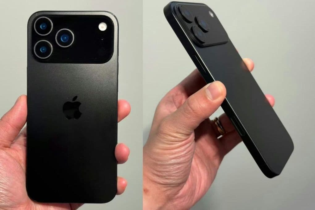 Ảnh rò rỉ iPhone 17 Pro Max màu đen với thiết kế mới và cụm camera sau nổi bật.