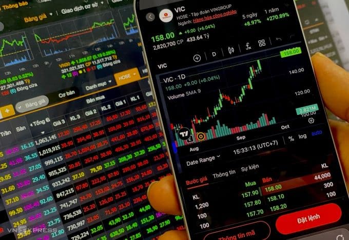Nhà đầu tư theo dõi biểu đồ tăng trưởng mạnh mẽ của cổ phiếu VIC trên sàn chứng khoán.