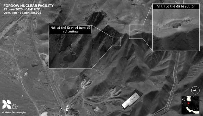 Ảnh vệ tinh cơ sở Fordow sau vụ tập kích của Mỹ. Ảnh: X/Ali