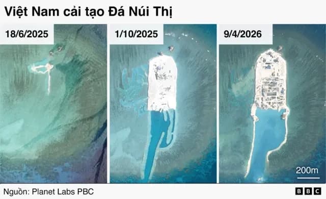 Ảnh vệ tinh cho thấy quá trình bồi đắp và mở rộng Đá Núi Thị, minh họa nỗ lực của Việt Nam bảo vệ sinh kế và kinh tế biển.