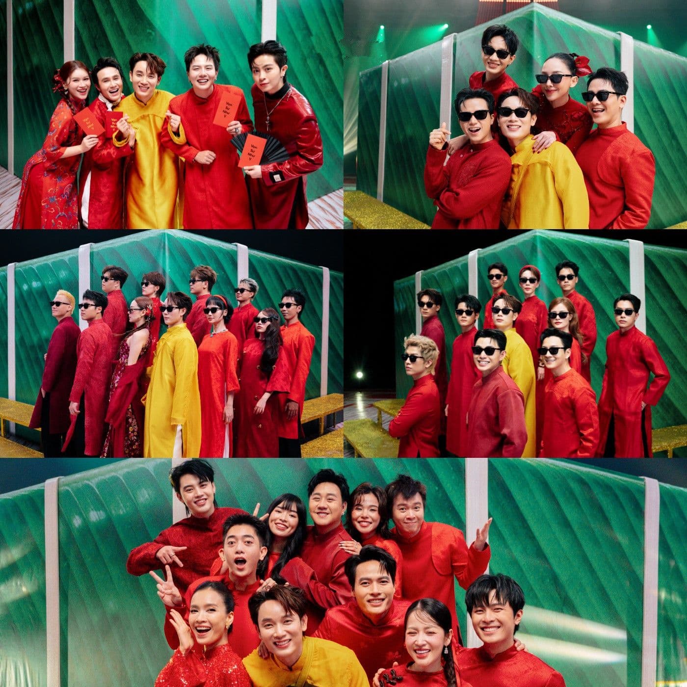 Nhiều nghệ sĩ Việt mặc trang phục Tết truyền thống màu đỏ và vàng, cầm lì xì, tượng trưng cho sự sôi động và đa dạng của nhạc Tết 2026.