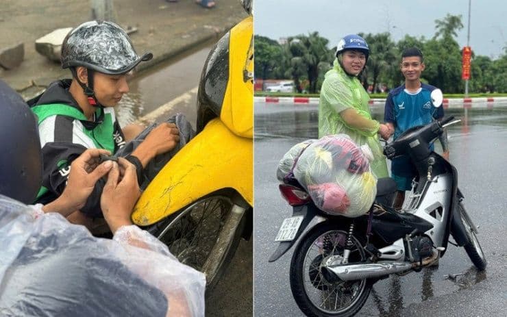 Nhóm bạn trẻ tình nguyện sửa xe máy miễn phí cho người dân bị chết máy giữa đường ngập ở Hà Nội, thể hiện tinh thần cộng đồng.
