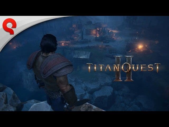 Nhân vật chính Titan Quest 2 nhìn ra khung cảnh làng mạc huyền bí vào ban đêm, với logo game nổi bật.