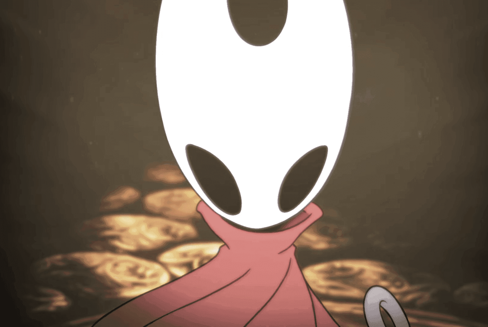 Nhân vật Hornet từ game Hollow Knight: Silksong với mặt nạ trắng và khăn choàng đỏ, tượng trưng cho sự thành công và giá trị của game.