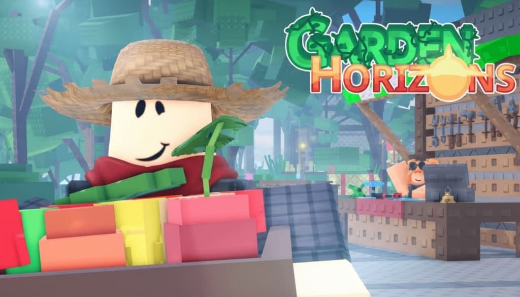 Nhân vật Roblox đội mũ rơm đang trồng cây, với logo Garden Horizons nổi bật, thể hiện chủ đề làm vườn thư giãn của trò chơi.