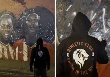 Nico Williams đứng trước bức tranh tường của anh em Williams, tượng trưng cho tình yêu với Athletic Bilbao và cội nguồn.